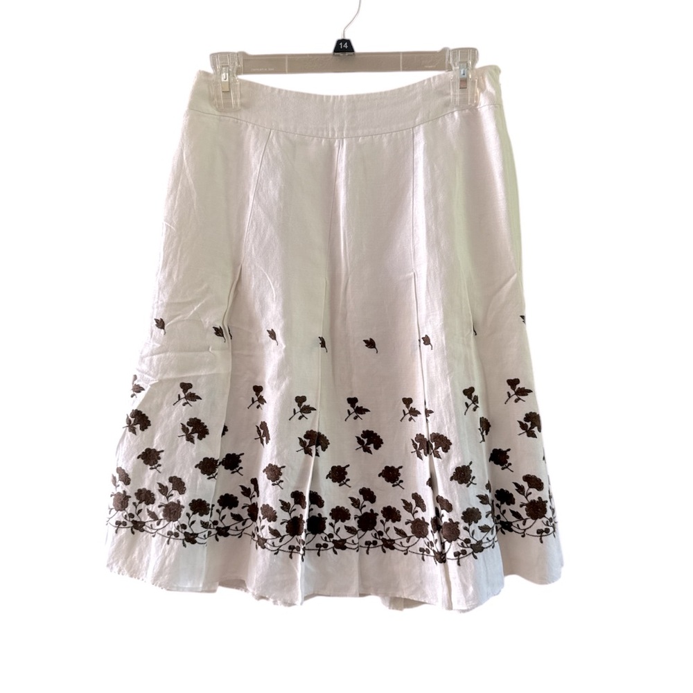 Ann Taylor Women’s Linen Blend Embroidered Skirt White &Brown Size 2